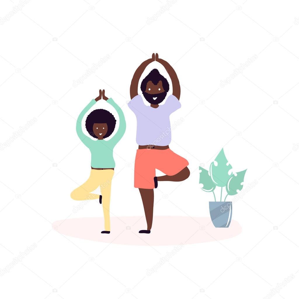 Single black father and son african americans spending time together - doing yoga exercises in room at home indoor leisure sport activity. Vector illustration in flat cartoon style