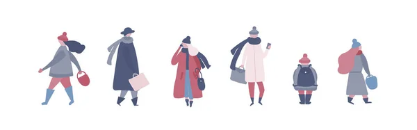 暖かい冬の服通りを歩いて 仕事に行く人々 は電話で話しています 女性男性子供アウター アウトドア アクティビティを実行します フラット スタイルのベクトル図 — ストックベクタ