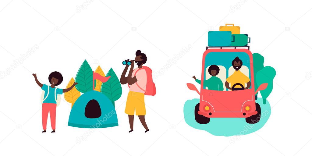 Single black father and son african americans spending time together going on trip camping on car resting on camping in forest with tent and binoculars. Vector illustration in flat cartoon style