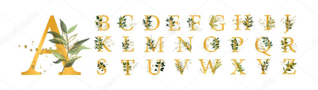 Golden floral alphabet font uppercase letters with flowers leaves and gold splatters isolated on white background. Vector illustration for wedding, greeting cards, invitations template design