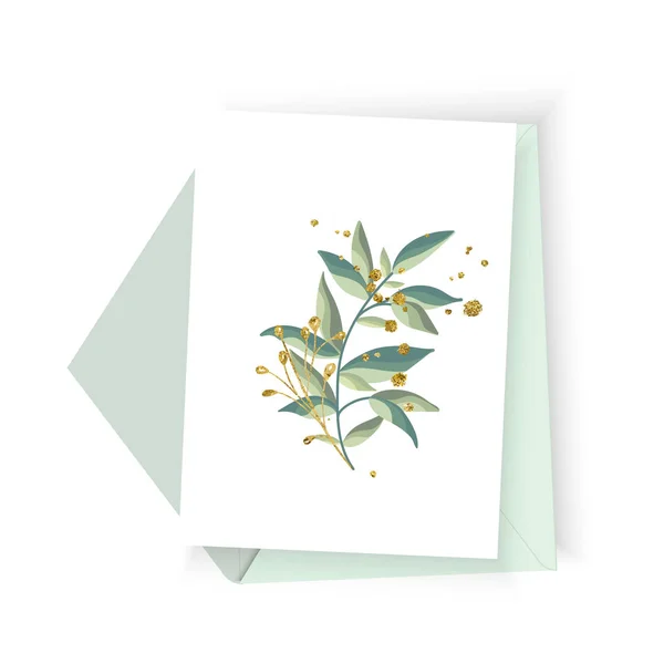 Bruiloft Bloemen Golden Uitnodiging Kaart Envelop Opslaan Het Datum Minimalisme — Stockvector