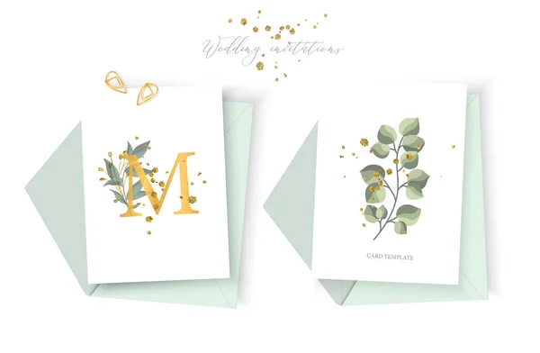 熱帯の葉のハーブと金飛ぶ日ミニマリズム デザイン保存花黄金招待カード封筒の結婚式 植物のエレガントな装飾的なベクトル テンプレート水彩風 — ストックベクタ
