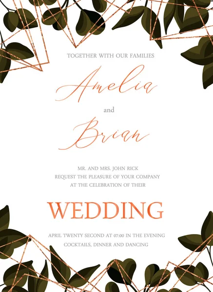 Wedding Floral Golden Invitation Card Date Design Green Tropical Leaf — Stock Vector