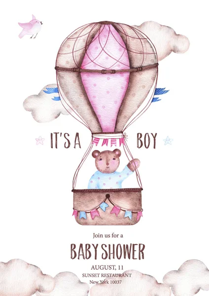 Watercolor Boy Baby Shower Cute Hot Air Balloon Bear Clouds — Stock Photo, Image