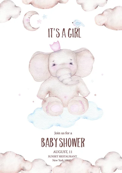 Watercolor Girl Baby Shower Cute Elephant Moon Clouds Bird Card — Stock Photo, Image