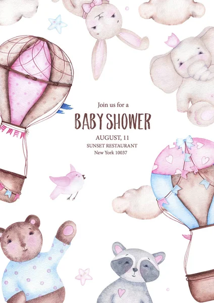 Watercolor Boy Girl Baby Shower Cute Hot Air Balloon Bear — Stock Photo, Image