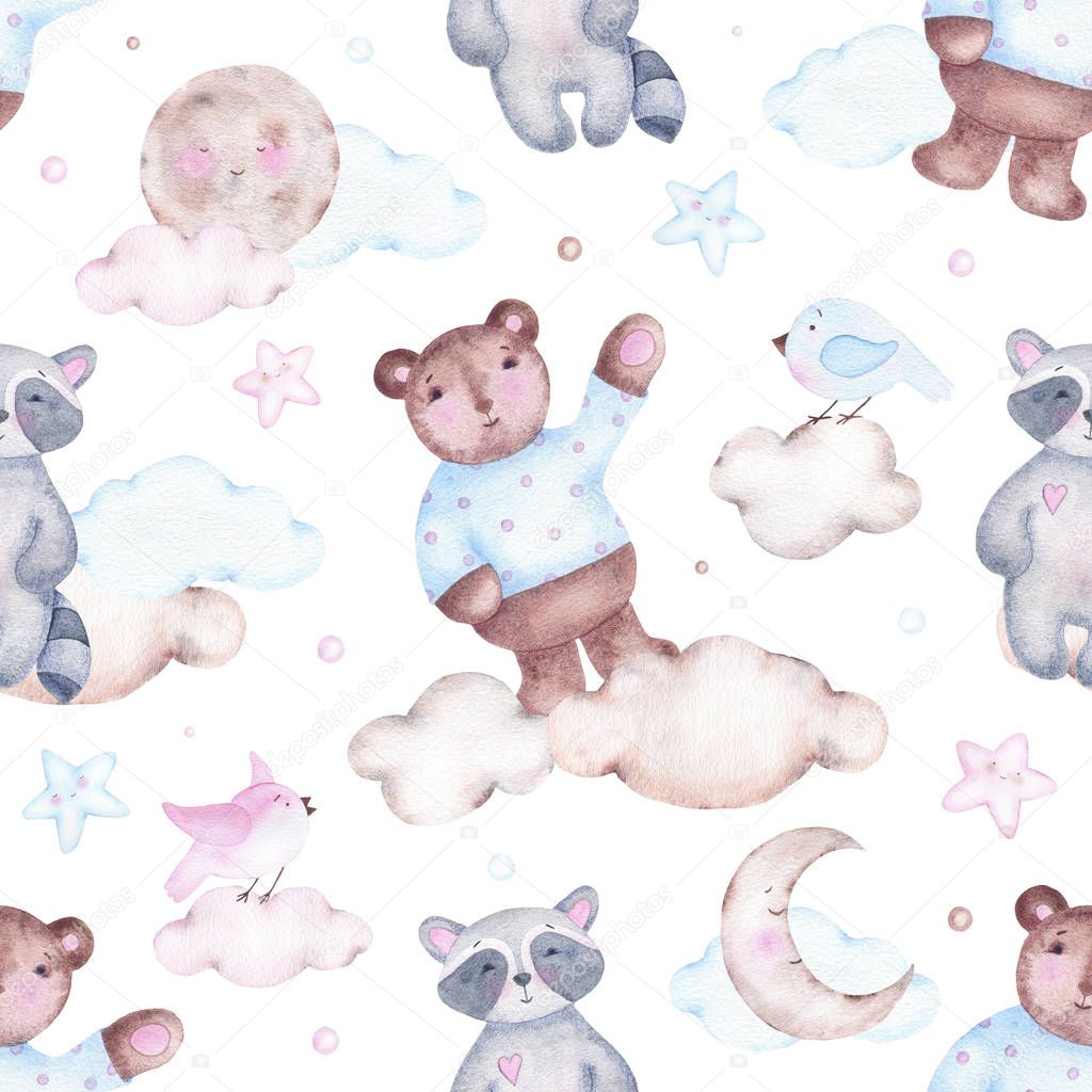 Watercolor seamless pattern with bear raccoon moon birds and clouds isolated on white background. Birthday children decoration kid illustration with forest animal