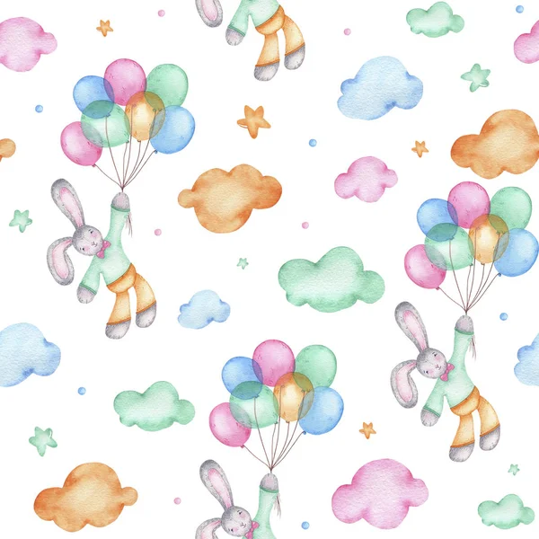 Akwarela bezszwowe wzór z cute Zajączek na balonie — Zdjęcie stockowe