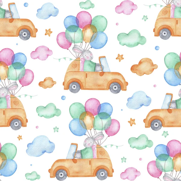 Akwarela bezszwowe wzór happy cute Zajączek na samochód — Zdjęcie stockowe