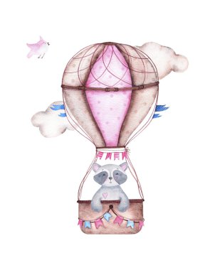 Kız bebek duş ile şirin sıcak hava balonu Rakunla ilgili olduğunu suluboya