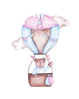Ayı ile şirin sıcak hava balonu ile çocuk bebek duş olduğunu suluboya