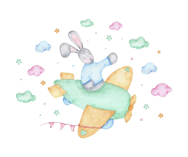 Акварель счастливый пасхальный милый кролик зайчик на самолете — стоковое фото