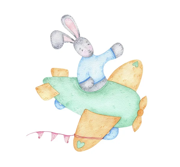 Akvarelu Veselé Velikonoce roztomilý králíček zajíc na rovině — Stock fotografie