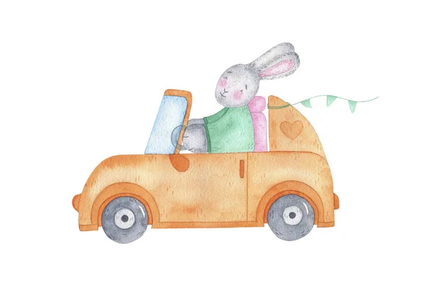 Акварель счастливый пасхальный милый кролик зайчик на машине — стоковое фото
