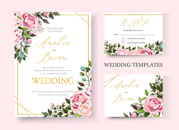 Hochzeit florale goldene Einladungskarte speichern Sie das Datum Design mit rosa Blumen Rosen — Stockvektor