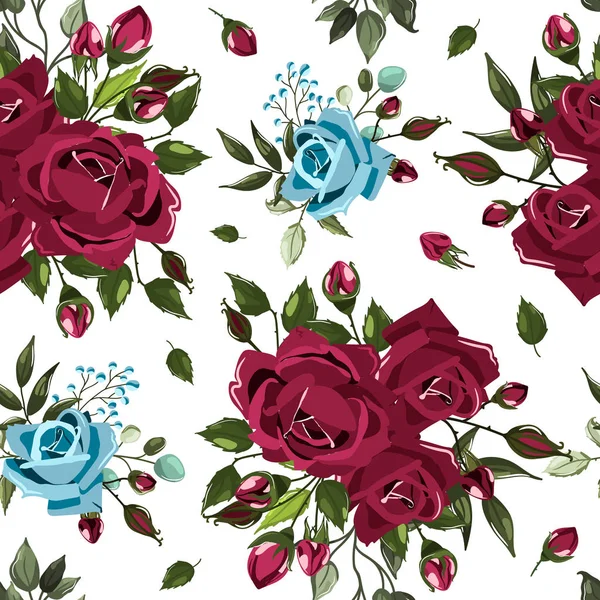 Seamless floral pattern with bordo burgundy navy blue rose flowers bouquets — Stock Vector