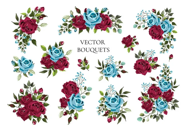 EZÜSTSZÍN csokrok és sötétkék virág rózsa levelei — Stock Vector