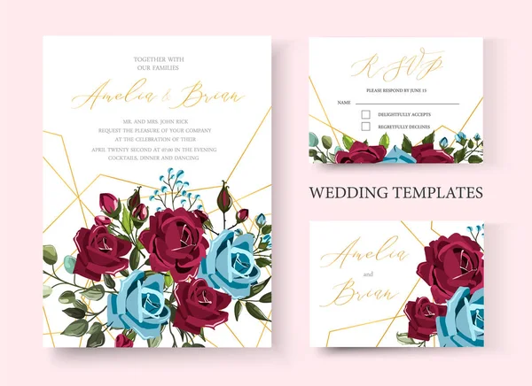 Hochzeit Blumen goldene Einladungskarte speichern Sie das Datum Design mit bordo marineblauen Rosen — Stockvektor