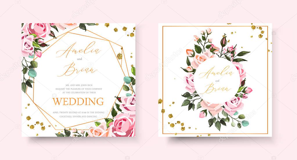 Wedding floral golden invitation card save the date design with pink flowers roses
