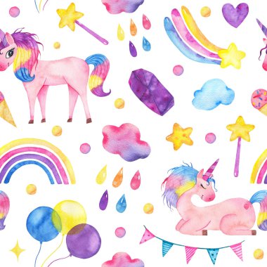 Sevimli Unicorn, sihirli değnek, gökkuşağı, balonlar ile suluboya Dikişsiz desen