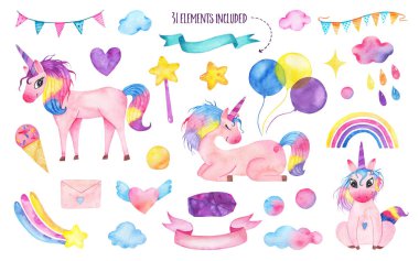 Gökkuşağı, balonlar, sihirli değnek ile suluboya sevimli büyü unicorns seti
