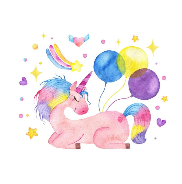 Watercolor cute magic pink unicorn with balloons, rainbow and star isolated