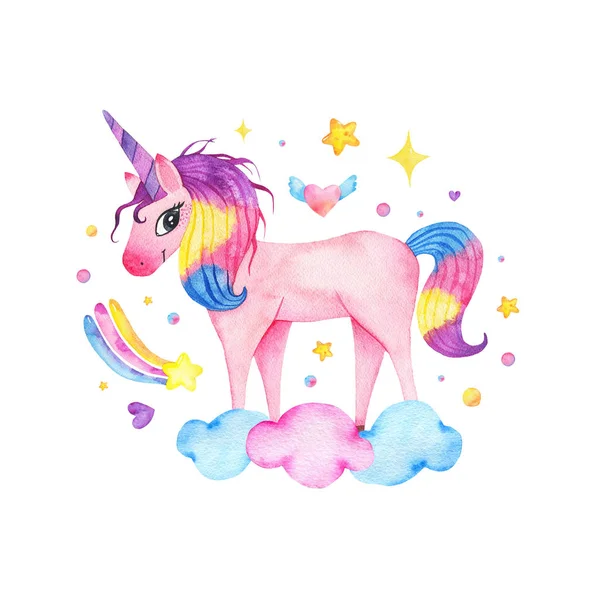 Watercolor cute magic pink unicorn with rainbow, clouds and star isolated