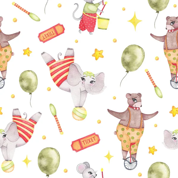 Watercolor circus animal seamless pattern with elephant bear mouse isolated