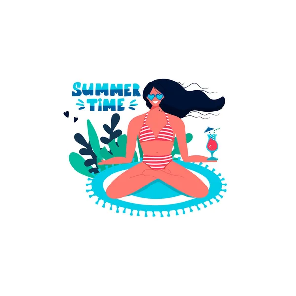 Texte écrit à la main à l'heure d'été avec une femme assise sur un tapis de plage en maillot de bain — Image vectorielle