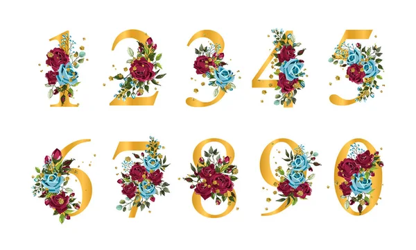 Números florais dourados com flores bordo azul marinho rosas folhas e salpicos de ouro — Vetor de Stock