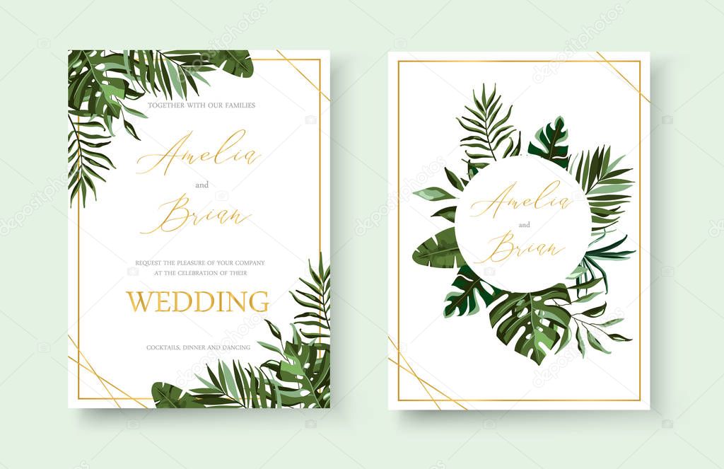 Wedding tropical exotic floral golden invitation card save the date design