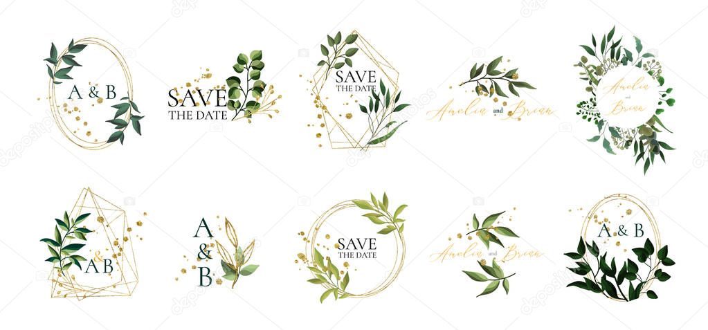 Set of floral wedding logos and monogram with elegant green leaves