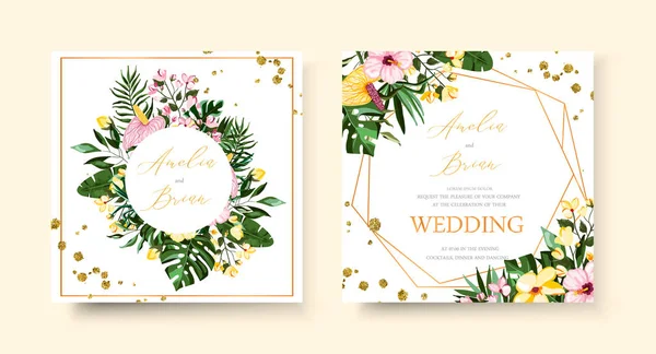 Hochzeit tropischen exotischen Blumen goldenen geometrischen dreieckigen Rahmen Einladungskarte — Stockvektor
