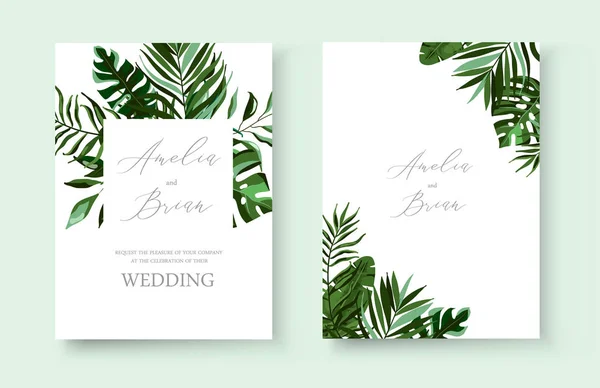 Boda verde tropical exótico floral invitación tarjeta guardar el diseño de la fecha — Archivo Imágenes Vectoriales