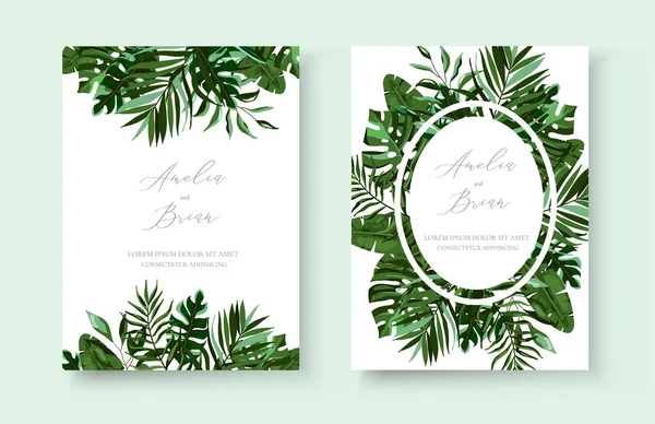 Hochzeit Grün tropische exotische Blumen Einladungskarte speichern das Datum Design — Stockvektor