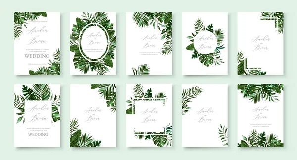 一套婚礼邀请与绿色热带异国情调的夏季卡 — 图库矢量图片