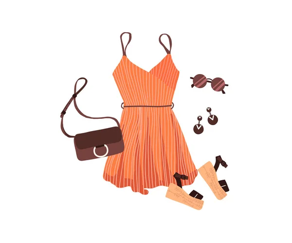 Set von Outfit Schöpfer mit Sommermode Damen Bekleidung Kleid Schuhe — Stockvektor