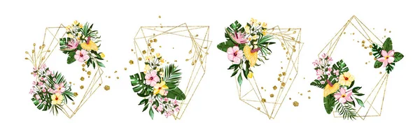 Свадебная золотистая геометрическая рама с тропическими экзотическими цветами — стоковый вектор