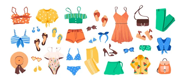 Állítsa be a ruhát alkotó nyári divat női ruházat, cipők, kiegészítők — Stock Vector