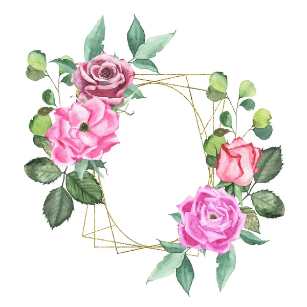 Akwarela złoto geometryczny okrągły owalny rama z różowym bordowym purpurowe czerwone róże — Zdjęcie stockowe