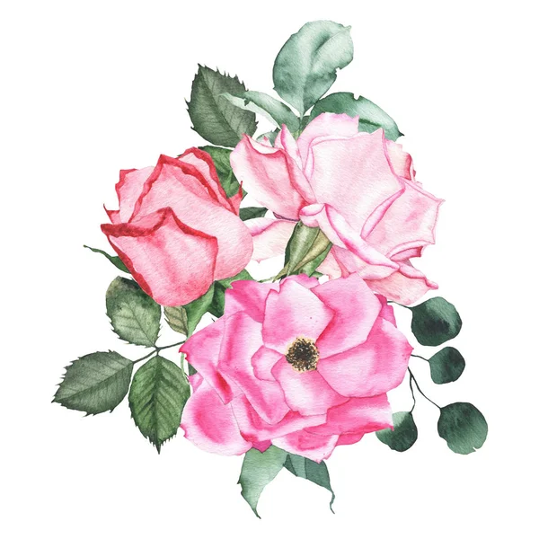 Akwarela bukiet układ z różowym fioletowym czerwonym róże Bud kwiat zielone liście — Zdjęcie stockowe