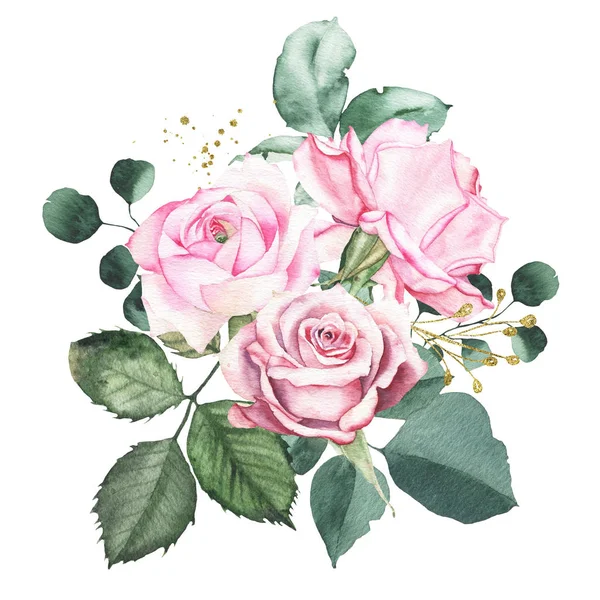 Akwarela bukiet aranżacja z różowe róże bordowy Bud kwiat zielone liście — Zdjęcie stockowe
