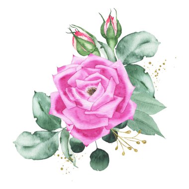 Pembe mor gül tomurcuk çiçek yeşil yaprakları ile suluboya buket düzenleme