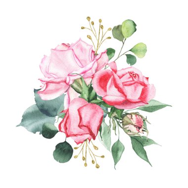 Pembe kırmızı gül tomurcuk çiçek yeşil yaprakları ile suluboya buket düzenleme