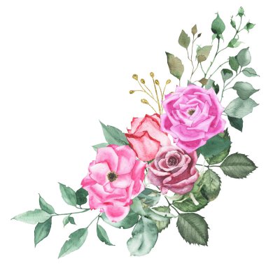 Bordo mor kırmızı gül tomurcuk çiçek yeşil yaprakları ile suluboya buket düzenleme