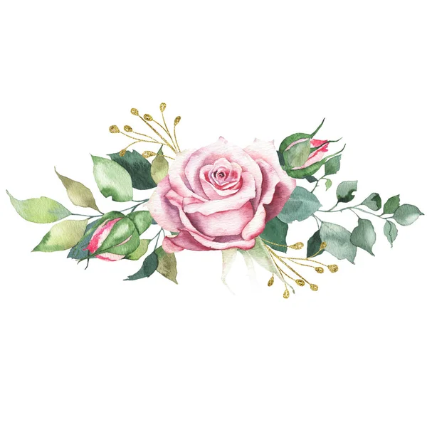 Arranjo de buquê aquarela com rosas rosa flor broto folhas verdes — Fotografia de Stock