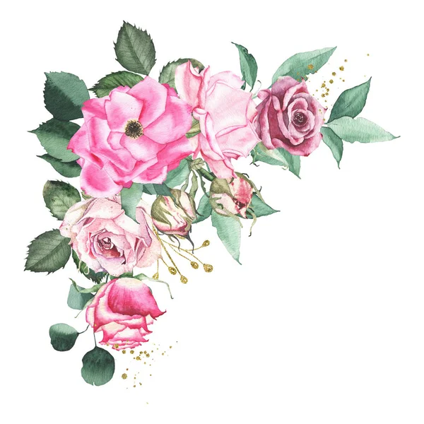 Bouquet aquarelle arrangement avec rose marron violet rouge roses bourgeon fleur feuilles vertes — Photo