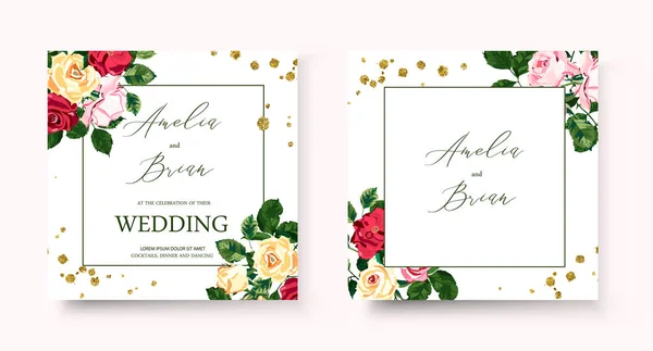 Hochzeit Blumen goldene geometrische Einladungskarte mit Blumen Rosen — Stockvektor