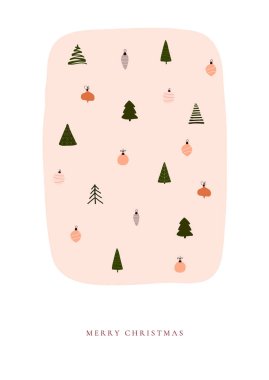 Xmas ağacı ve topları ile soyut trendy noel yeni yıl kış tatil kartı
