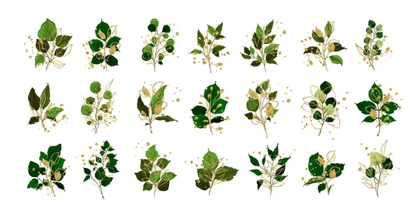 Χρυσός Αφήνει Πράσινα Τροπικά Φυτά Κλαδί Γαμήλια Ανθοδέσμη Χρυσά Splatters — Διανυσματικό Αρχείο